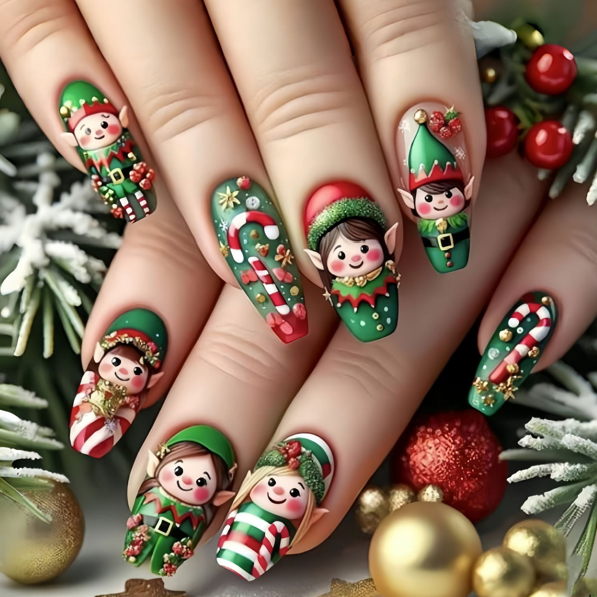 Nail Art Press On - Средние накладные ногти для рождественской вечеринки,